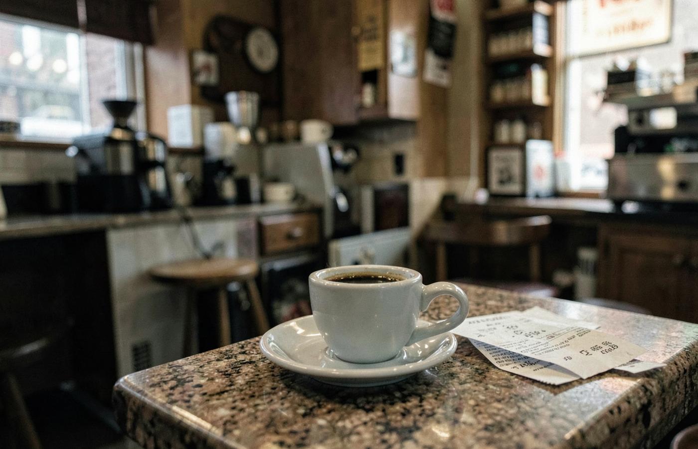 A coffee cup and receipt on a counter in a small coffee shop