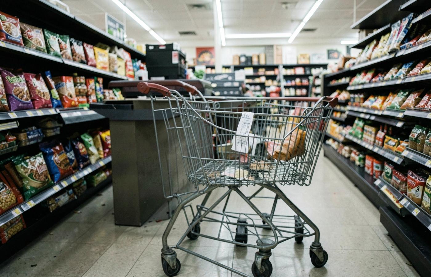 A shopping cart in a grocery store aisle
