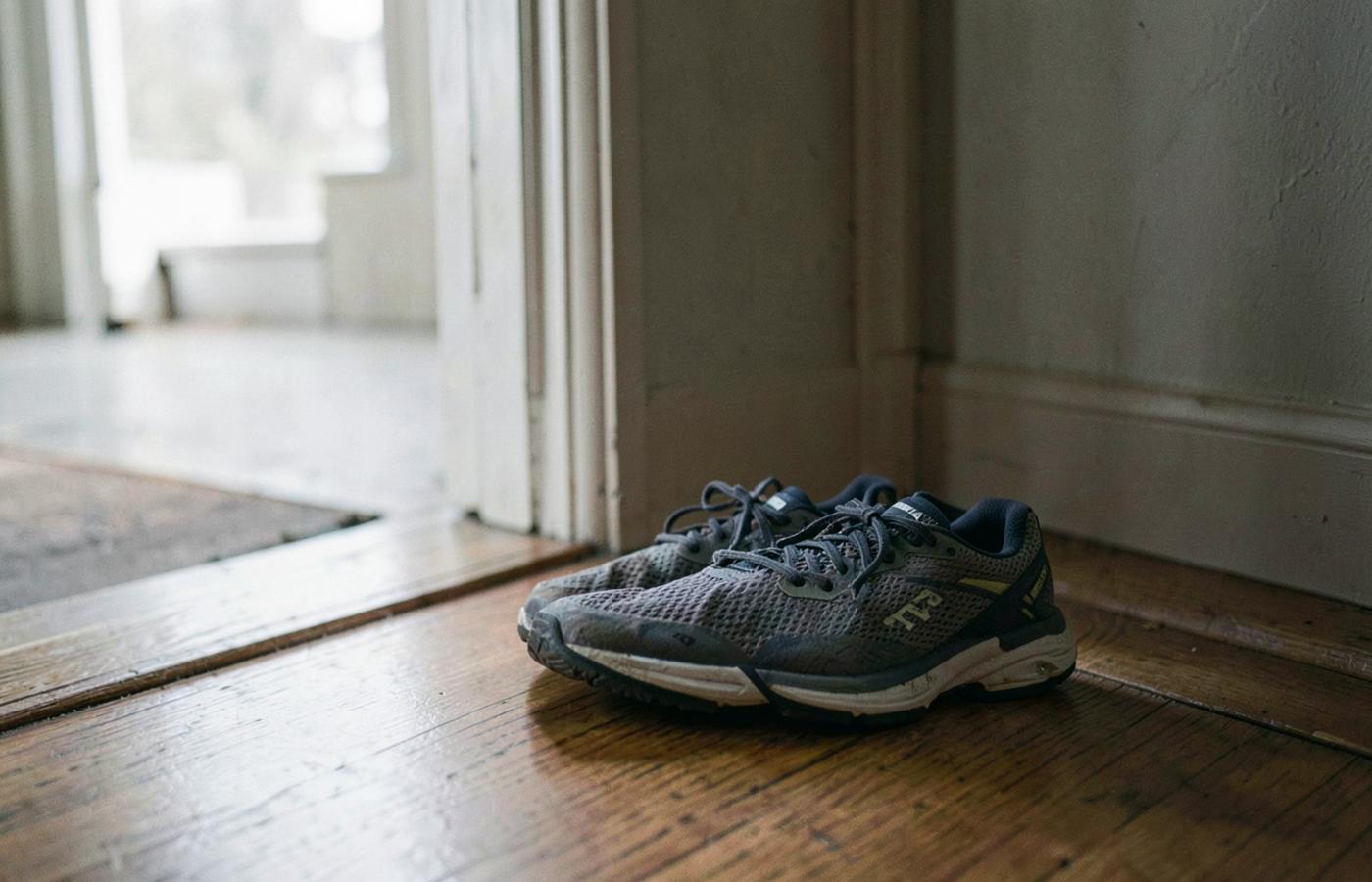 Running shoes on a wooden floor near a doorway