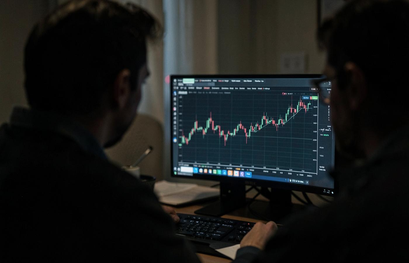 A person watching a price chart on a monitor in a dim home office