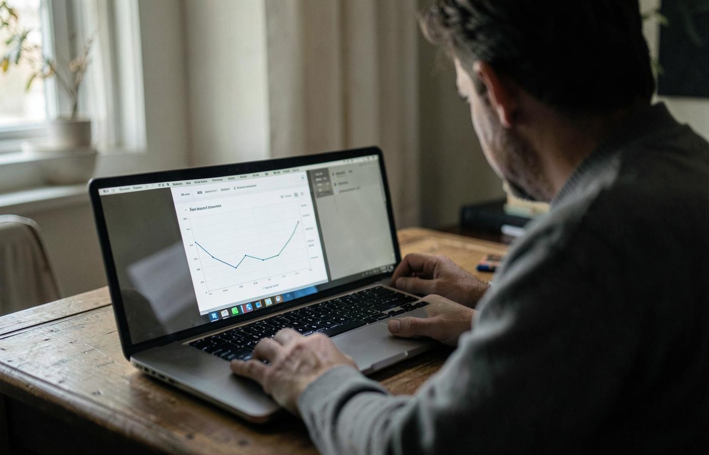 A person at a home desk looking at a chart on a laptop