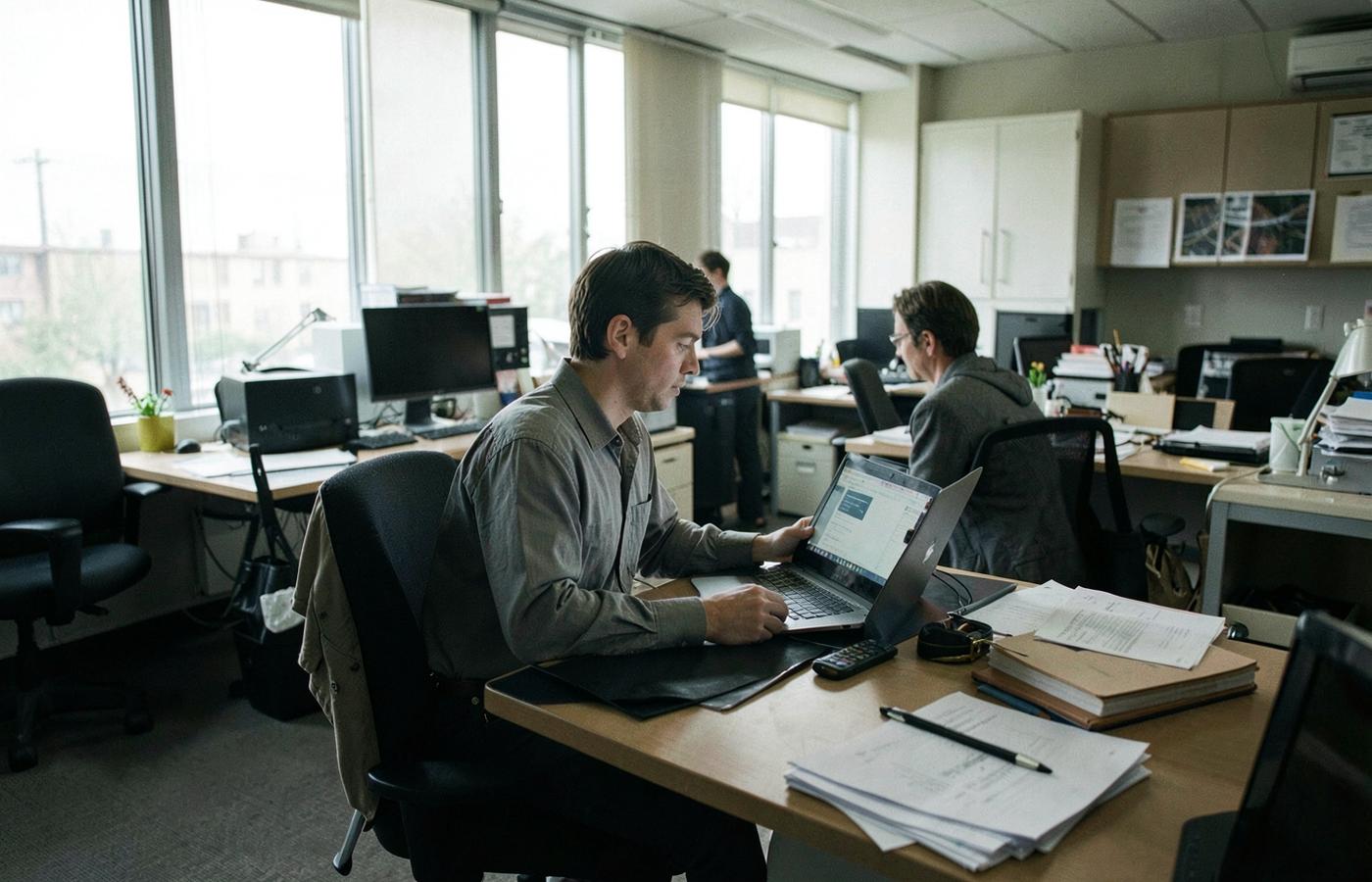 An office worker at a desk with a laptop and papers